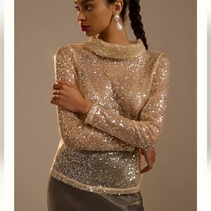 Sunday in Brooklyn Sheer Gold Sequin Turtleneck Long Sleeve Pullover Top Size 2X